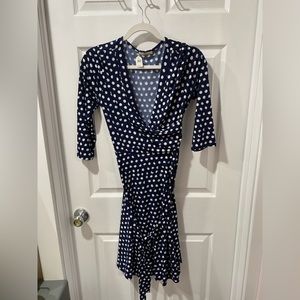 Tira womens wrap dress, blue and white polka dot, women’s size L, NWT